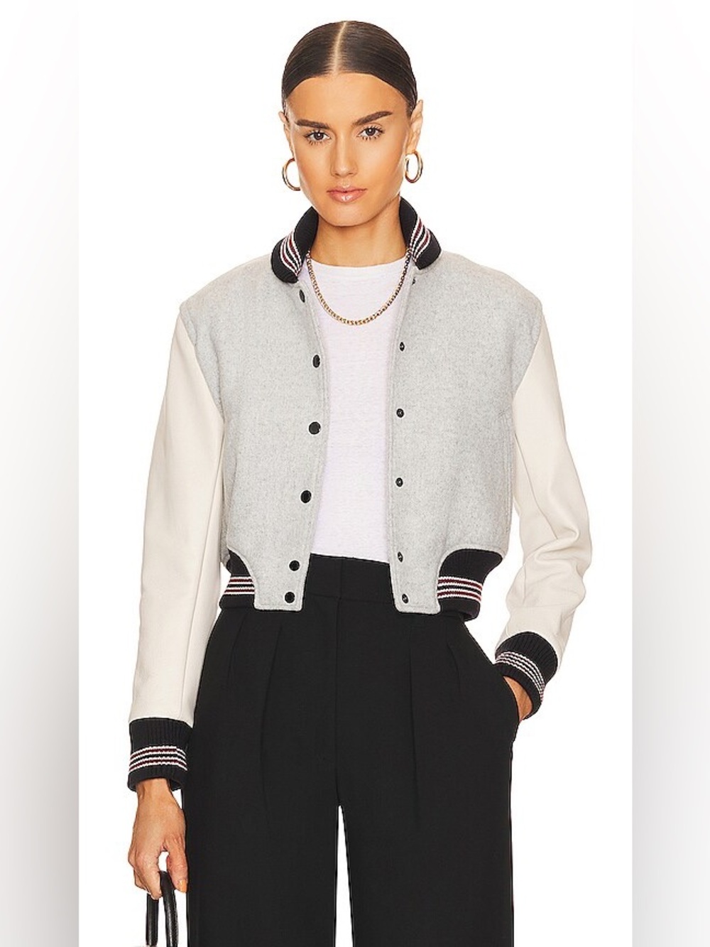 NWOT Rag & Bone Kat Varsity Bomber Jacket Gray Wool Leather Size M
